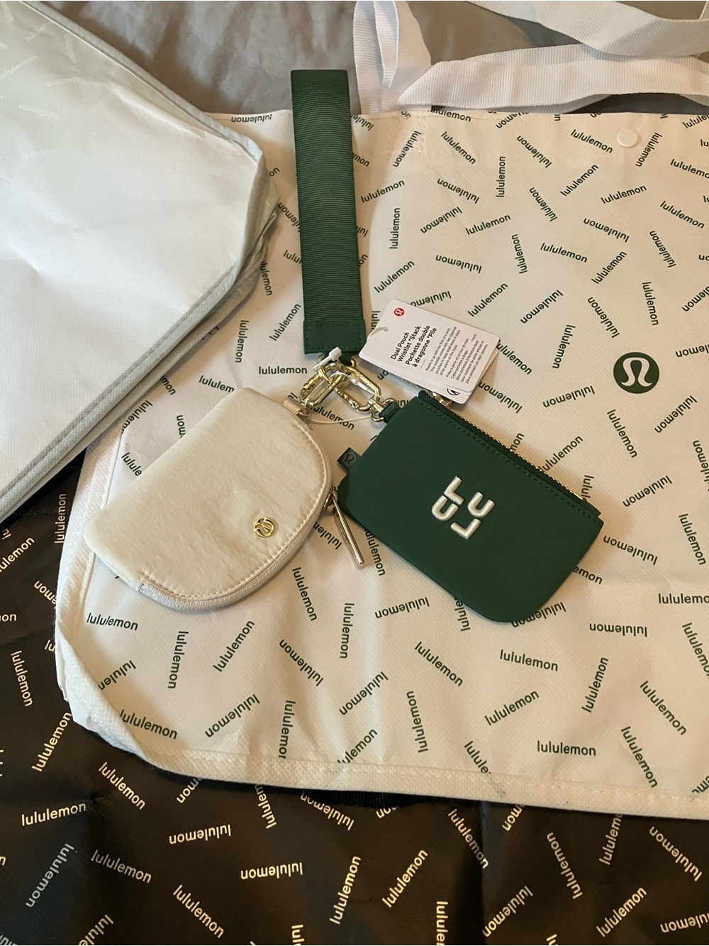 NWT Lululemon Dual Pouch Wristlet *Stacked Logo, IVY GROVE/LIGHT IVORY/GOLD